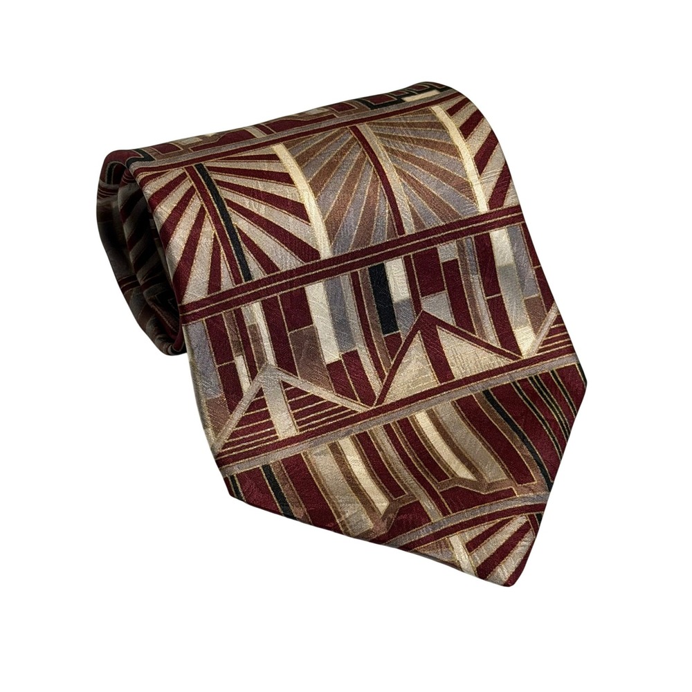 VTG Zylos George Machado Tie Burgundy Gold Art Deco Geometric Silk Mens Necktie